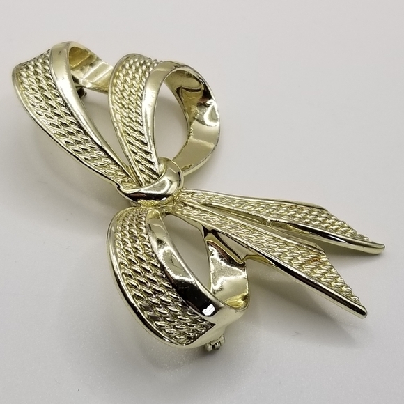 Boucher Vintage Ribbon Bow Rope Pin Brooch Yellow Silver Tone Bow Large MX646 - Picture 6 of 10
